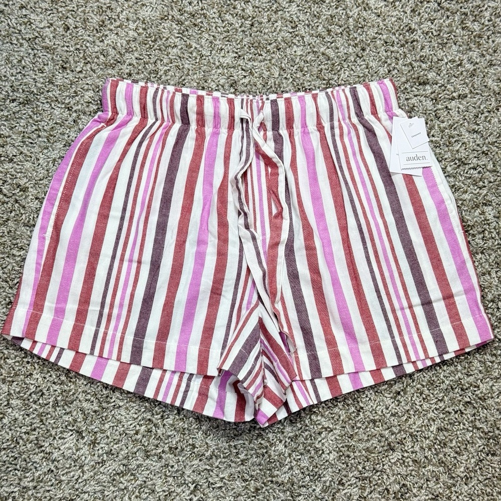 Auden Womens Small Flannel Pajama Shorts Red Pink Stripe Cotton Sleepwear NWT